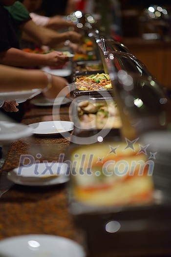 catering buffet food indoor in luxury restaurant with meat colorful fruits  and vegetables