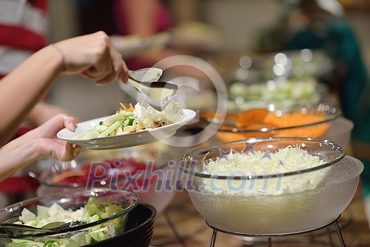 catering buffet food indoor in luxury restaurant with meat colorful fruits  and vegetables