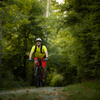 Young man with his mountain bike going for a ride past the city limits in a lovely forest, getting the daily cardio dose