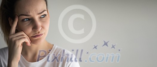 Anxious, worried, stressed young woman looking pensive, pondering, deep in thoughts. Anxious, worried, stressed young woman looking pensive, pondering, deep in thoughts.