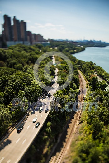 NYC road traffic seen from George Washington Bridge - shot with a tilt-shift lens for miniature effect NYC road traffic seen from George Washington Bridge - shot with a tilt-shift lens for miniature effect
