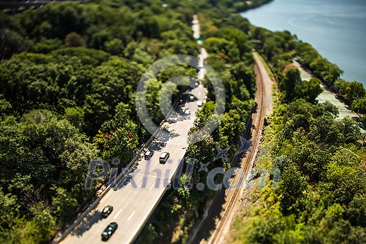 NYC road traffic seen from George Washington Bridge - shot with a tilt-shift lens for miniature effect NYC road traffic seen from George Washington Bridge - shot with a tilt-shift lens for miniature effect
