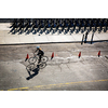 New York City street with rental bikes and a cyclist on the road see from above