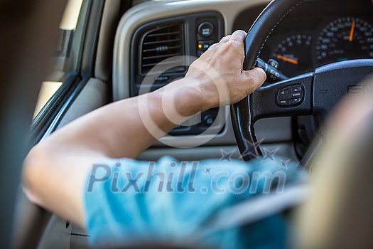 Driver's hands on the steering wheel Driver's hands on the steering wheel