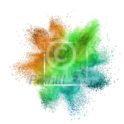 Creative square frame with abstract splash from colorful powder or dust on a white background, copy space. Creative square frame with abstract splash from colorful powder or dust on a white background, copy space.
