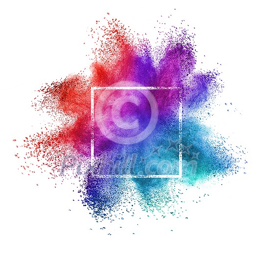 Colorful powder splash in a square frame in red and blue colors on a white background, copy space. Colorful powder splash in a square frame in red and blue colors on a white background, copy space.