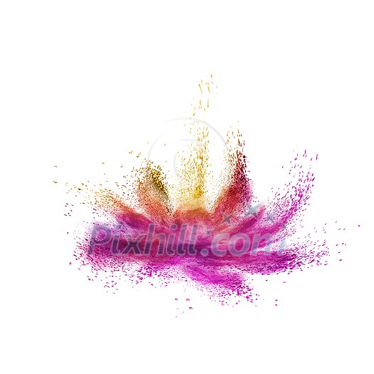 Creative abstract splash from colorful powder or dust in the shape of flower on a white background, copy space.