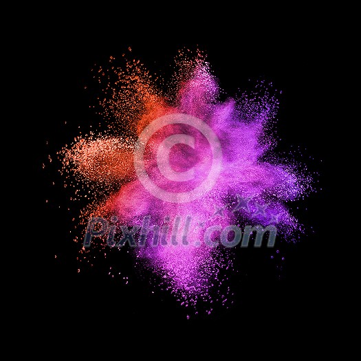 Creative chaotic powder explosion or burst in red and purple colors on a black background with copy space. Creative chaotic powder explosion or burst in red and purple colors on a black background with copy space.