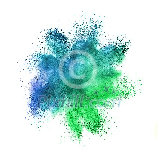 Abstract chaotic powder or dust explosion in green and blue colors on a white background with copy space. Abstract chaotic powder or dust explosion in green and blue colors on a white background with copy space.