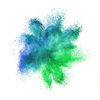 Abstract chaotic powder or dust explosion in green and blue colors on a white background with copy space.