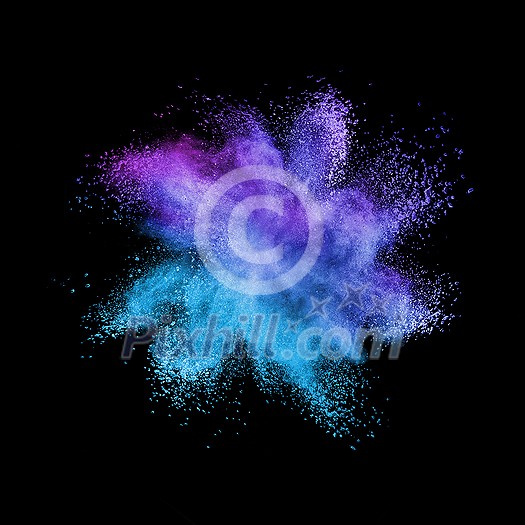 Decorative abstract powder burst or explosion in blue and violet colors on a black background with copy space. Decorative abstract powder burst or explosion in blue and violet colors on a black background with copy space.