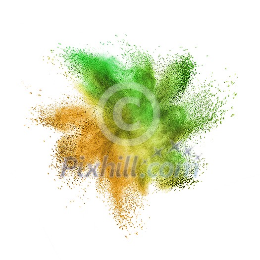 Colorful powder explosion or splash in yellow and green colors on a white background with copy space. Colorful powder explosion or splash in yellow and green colors on a white background with copy space.