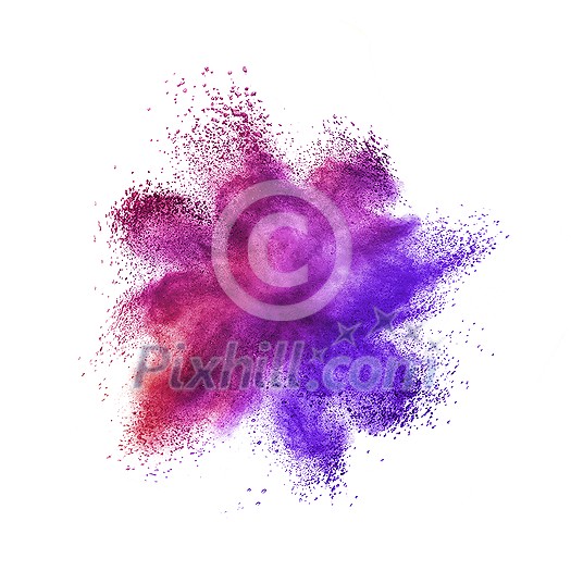 Creative chaotic powder burst or splash in violet and purple colors on a white background with copy space. Creative chaotic powder burst or splash in violet and purple colors on a white background with copy space.