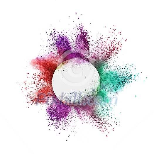 Decorative frame with abstract chaotic colorful powder explosion or burst on a white background, copy space. Decorative frame with abstract chaotic colorful powder explosion or burst on a white background, copy space.