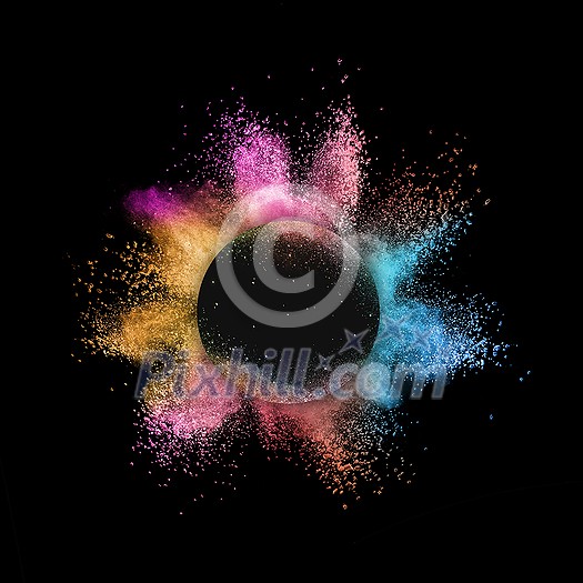 Creative abstract colorful powder explosion or burst in a round frame on a black background with copy space. Creative abstract colorful powder explosion or burst in a round frame on a black background with copy space.