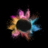 Creative abstract colorful powder explosion or burst in a round frame on a black background with copy space.