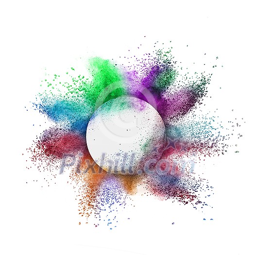 Decorative round frame with abstract colorful powder splash or explosion on a white background, copy space. Decorative round frame with abstract colorful powder splash or explosion on a white background, copy space.