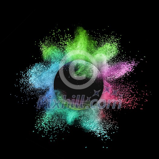 Creative round frame with abstract multicolored powder burst or explosion on a white background, copy space. Creative round frame with abstract multicolored powder burst or explosion on a white background, copy space.