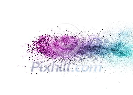 Decorative abstract horizontal line of powder or dust colorful explosion on a white background with copy space. Decorative abstract horizontal line of powder or dust colorful explosion on a white background with copy space.