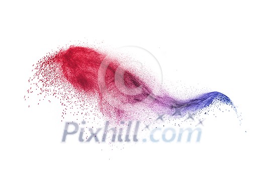 Decorative abstract powder or dust wave as a colorful splash or explosion on a white background with copy space. Decorative abstract powder or dust wave as a colorful splash or explosion on a white background with copy space.