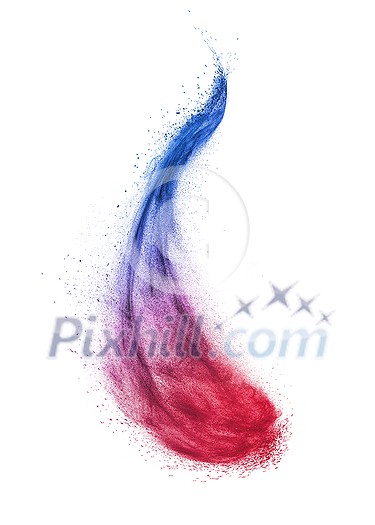 Decorative abstract powder burst or explosion in blue and violet colors in the shape of curved wave on a white background with copy space. Decorative abstract powder burst or explosion in blue and violet colors in the shape of curved wave on a white background with copy space.