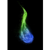 Creative powder splash or explosion in blue and green colors in the shape of curved cloud on a black background with copy space.