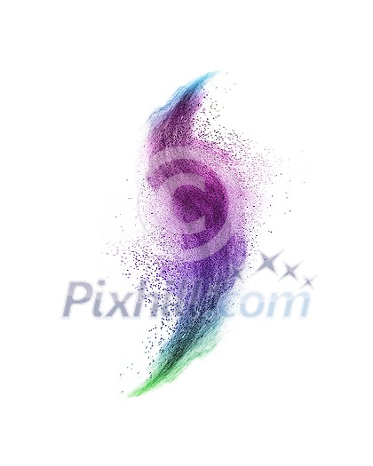 Decorative curved powder or dust wave as a colorful splash or explosion on a white background with copy space. Decorative curved powder or dust wave as a colorful splash or explosion on a white background with copy space.