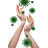 Female's hands with flying models of Coronavirus molecules on a white background, copy space. Concept of regular handwashing as a preventive method during pandemic of Coronavirus, Covid-19.