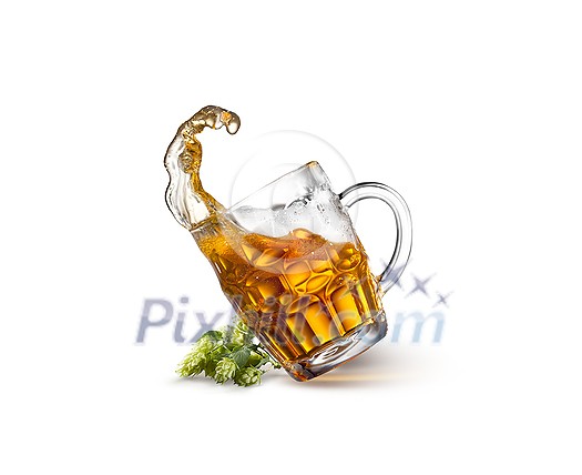 Glass of beer on empty wooden table with blurred sea on background, natural background with bokeh Glass of beer on empty wooden table with blurred sea on background, natural background with bokeh