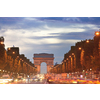 Beautiful night view with car traffic and rush at eavning of the Arc de Triomphe, Paris, France.