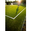 Soccer players on a pitch having match, lit by warm evening sun