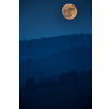 Atmospheric moon landscape of twilight in mountains. Dark lilac sky and big moon with cloud above silhouettes of mountain forests at dusk