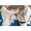 Kids in a sports hall engaged in karate drill, training, practice