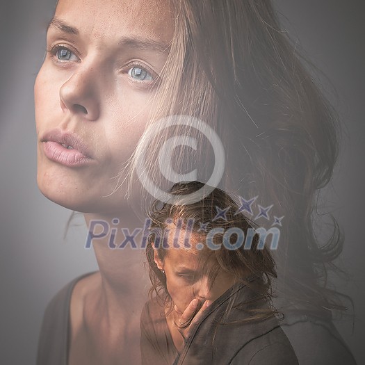 Depressed, anxious young woman suffering from mental disorders, illness Depressed, anxious young woman suffering from mental disorders, illness