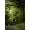 Young man with his mountain bike going for a ride past the city limits in a lovely forest, getting the daily cardio dose - biker out of focus with sharp trees behind him