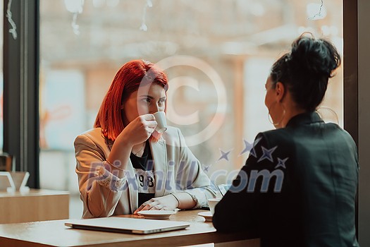 One-on-one meeting.Two young business women sitting at table in cafe.Girl using laptop, smartphone, blogging. Teamwork, business meeting. Freelancers working.