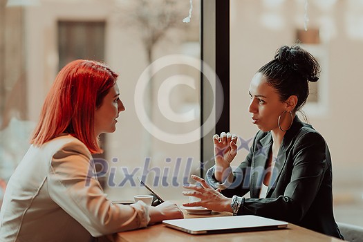 One-on-one meeting.Two young business women sitting at table in cafe.Girl using laptop, smartphone, blogging. Teamwork, business meeting. Freelancers working.