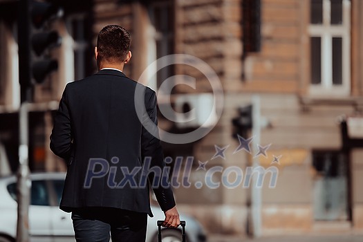 Portrait of a tourist man carrying a suitcase and holding a cup of coffee while walking outdoors on the street. Tourism concept.