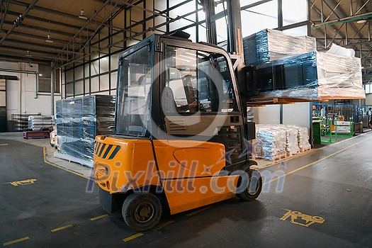 Forklift loader in storage warehouse shipyard. Distribution products. Delivery. Logistics. Transportation. Business background. High quality photo Forklift loader in storage warehouse shipyard. Distribution products. Delivery. Logistics. Transportation. Business background. High quality photo