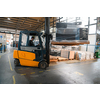 Forklift loader in storage warehouse shipyard. Distribution products. Delivery. Logistics. Transportation. Business background. High quality photo