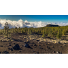 Peaks of Teide and Pico Viejo volcanoes at sunset seen from the Samara crater. Teide National Park, Tenerife, Canary Islands, Spain