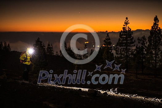 Colorful scenic landscape of moon rise in Tenerife national park of Teide. El Teide with moon rising by its side.