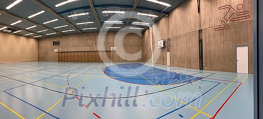 Interior of empty modern gymnasium - basketball, floorball, badminton, velleyball, soccer indoor sport courts