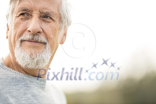 Portrait of a senior man outdoors, against the sky - optimism, good health, happyness radiates of the man's face, expression Portrait of a senior man outdoors, against the sky - optimism, good health, happyness radiates of the man's face, expression