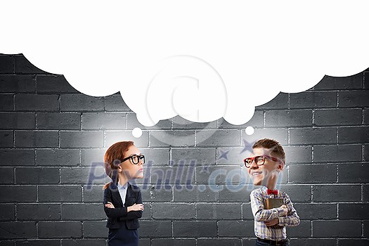Young funny big headed man and woman in glasses Young funny big headed man and woman in glasses
