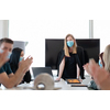 real businesspeople on business meeting in bright office on coronavirus new normal time wearing protective medical face mask and keep distance