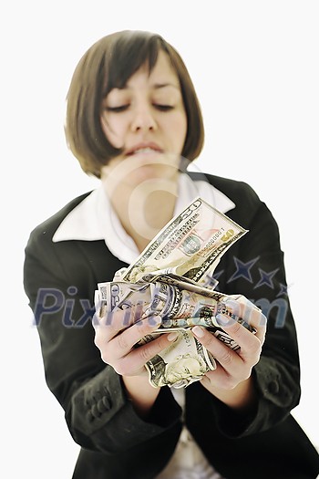 happy young business woman isolated on white playing with dollars money and representing success in finance