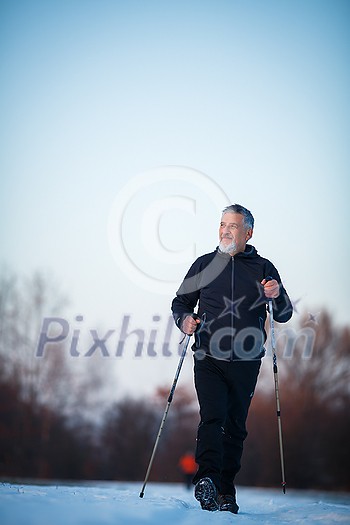Senior man nordic walking outdoors on a snowy, winter day