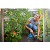 Young woman enjoying her greenhouse garden, taking good care of her veggies
