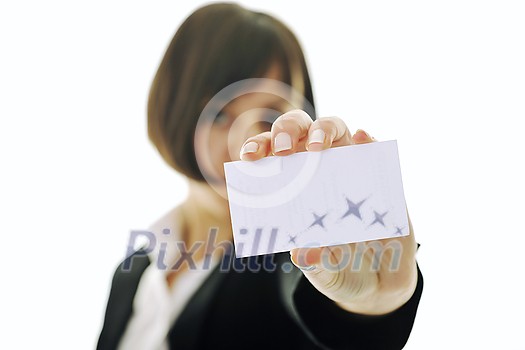 young business woman isolated on white showing and displaying empty business card ready for text young business woman isolated on white showing and displaying empty business card ready for text